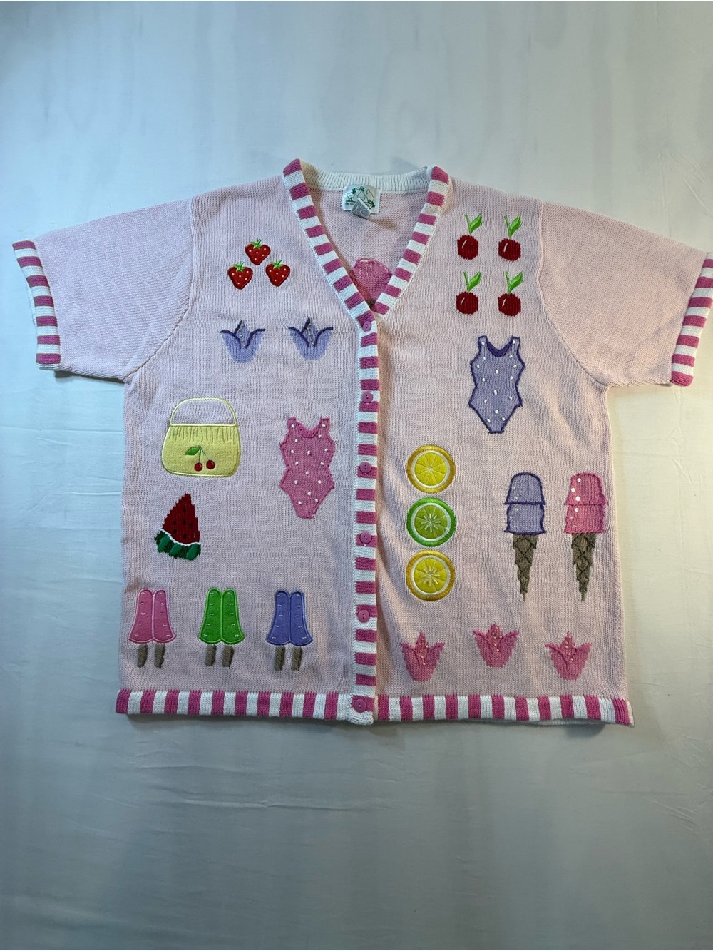 Pink Patchwork Embroidered Cardigan with Fruit & Ice Cream Motifs